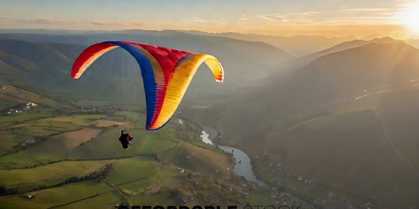 A person is parachuting over a valley with mountains