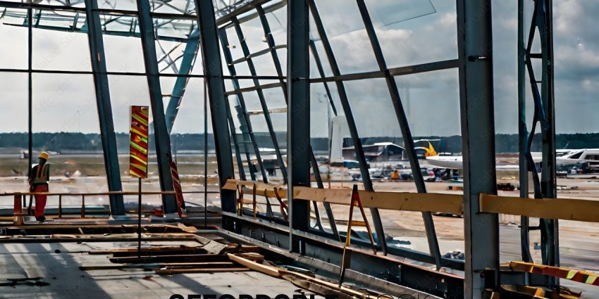 Construction site with airport in background