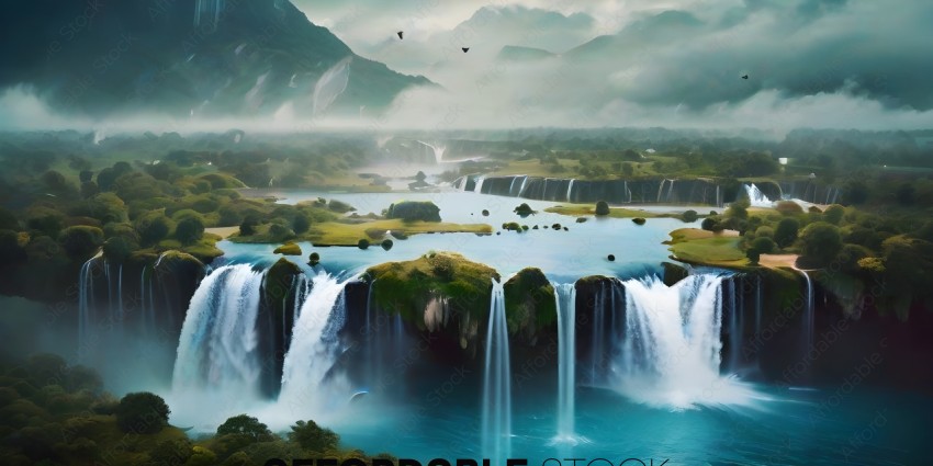 A waterfall with a bird flying over it