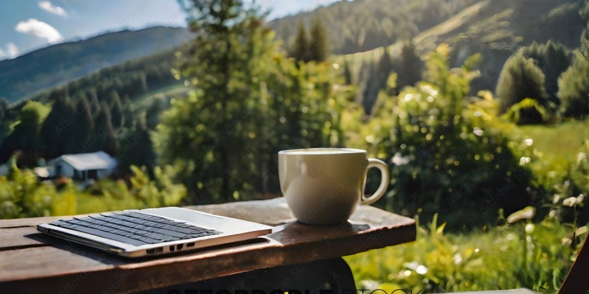 A laptop and a cup of coffee on a picnic table