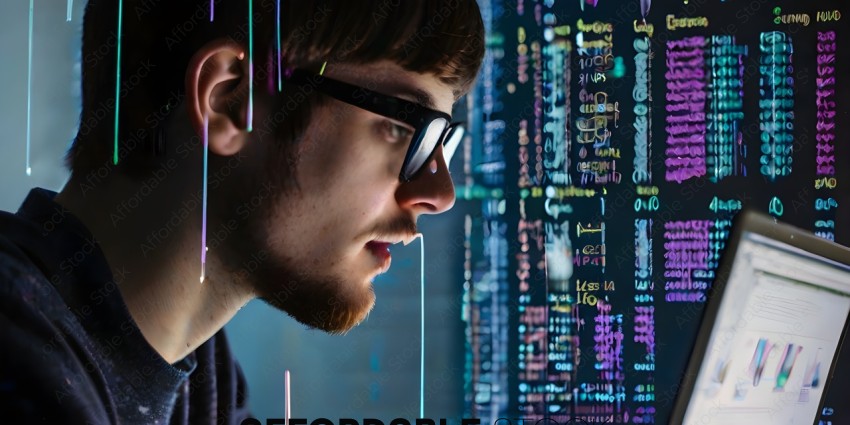 A man wearing glasses and a blue hoodie is looking at a computer screen