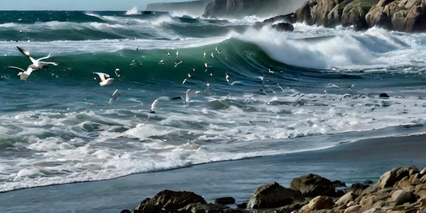 A flock of seagulls flying over a large wave