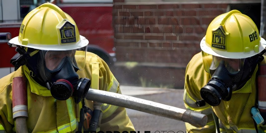 Firefighter wearing yellow uniform and mask