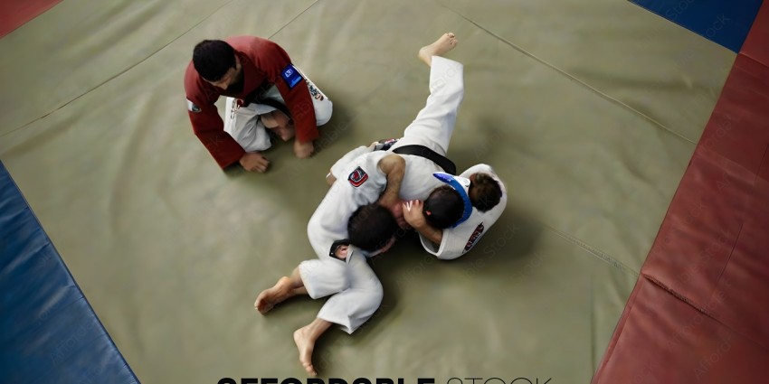 Three men in martial arts uniforms wrestling on a mat