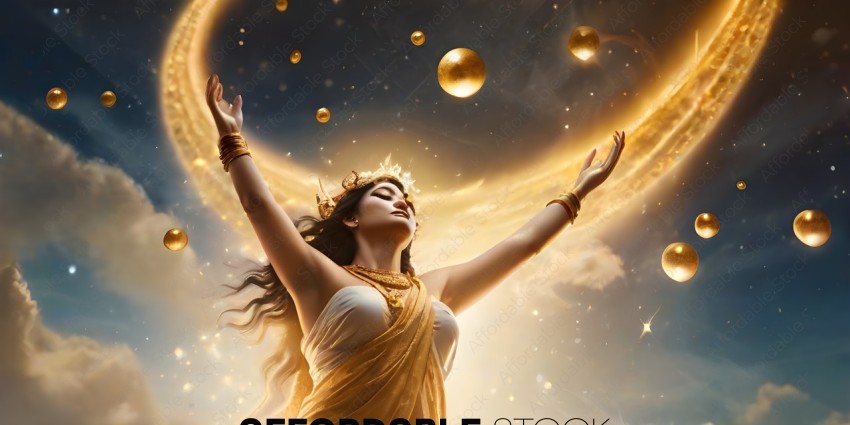 A woman in a gold dress with her arms raised to the sky