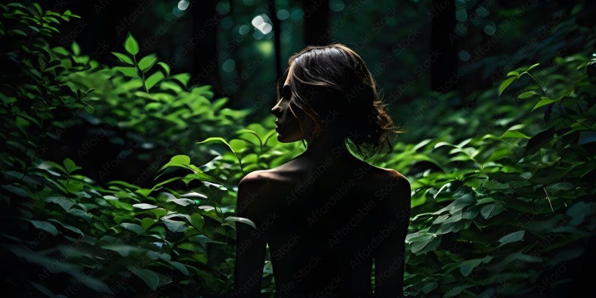 A woman with long hair and a bare back standing in a forest