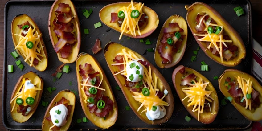 A tray of baked potatoes with cheese and green onions