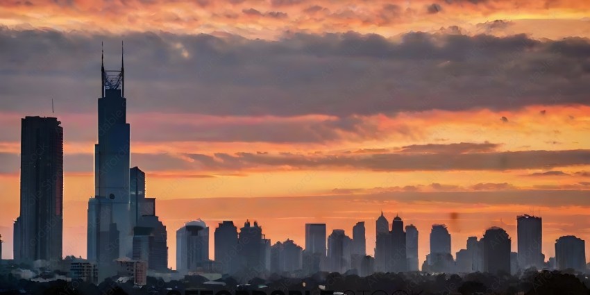 A city skyline at sunset with a pink and orange sky