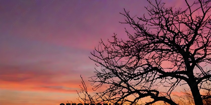 A tree with no leaves in the foreground and a pink sky in the background