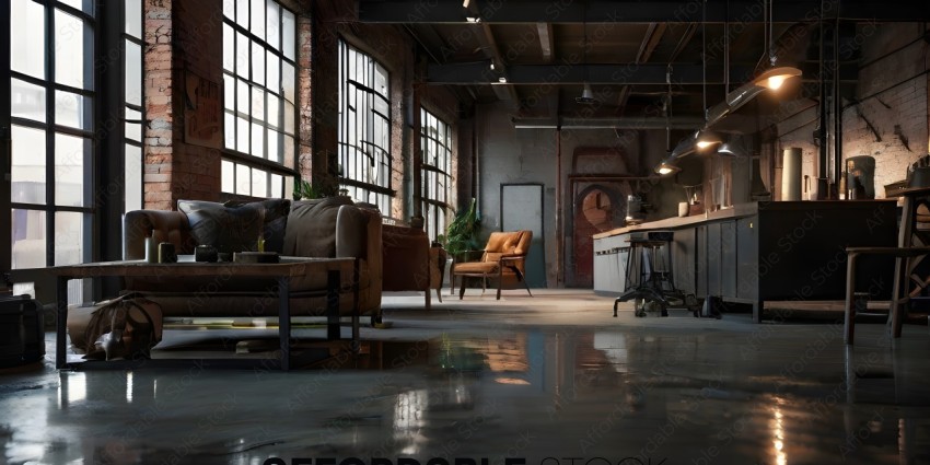 A dark, industrial-style living room with a couch, chairs, and a table