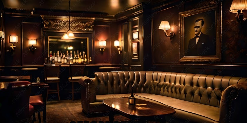 A dark, elegant bar with a couch and table