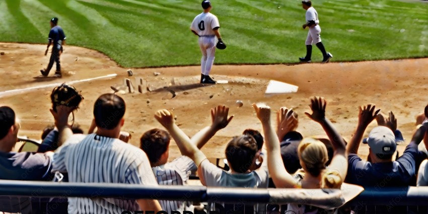 Fans watching a baseball game with a player in the background