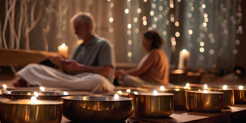 A man and a woman meditate in a dimly lit room with candles