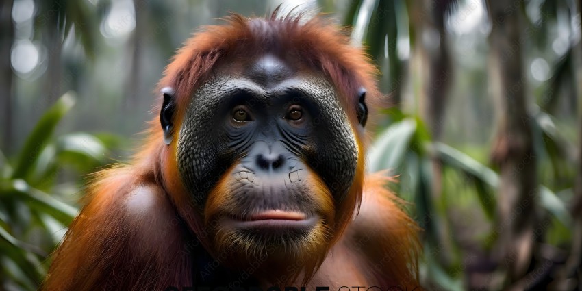 A close up of a red and black orangutan