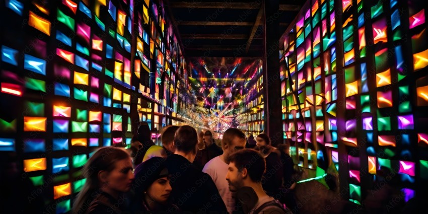 A group of people walking through a colorful tunnel