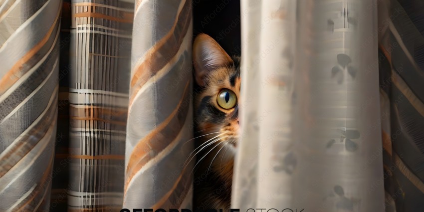 A cat peers out from behind a curtain