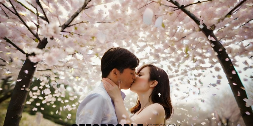 A couple kissing under a cherry blossom tree