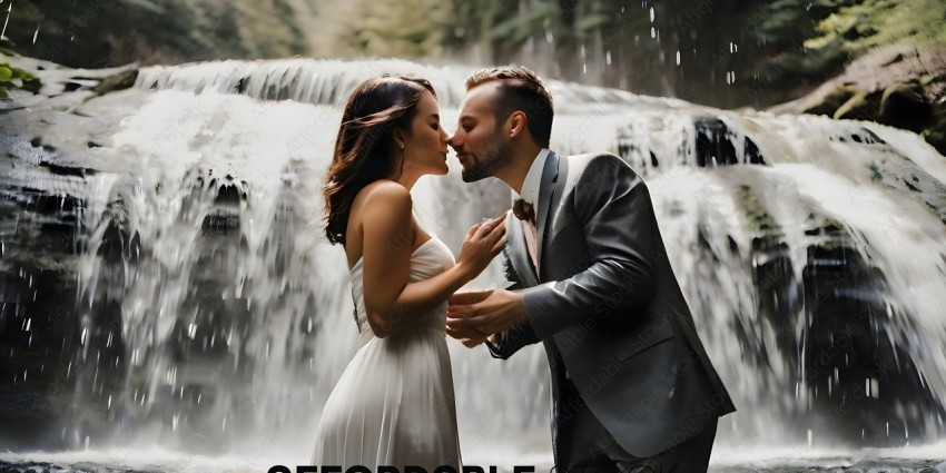 A couple kissing in front of a waterfall