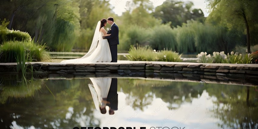A Bride and Groom Kissing in a Pond