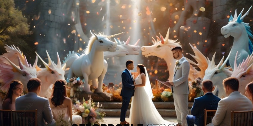 A Bride and Groom Kissing in Front of a Statue of a Unicorn