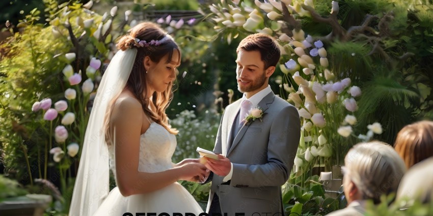 A Bride and Groom Examining a Wedding Photo