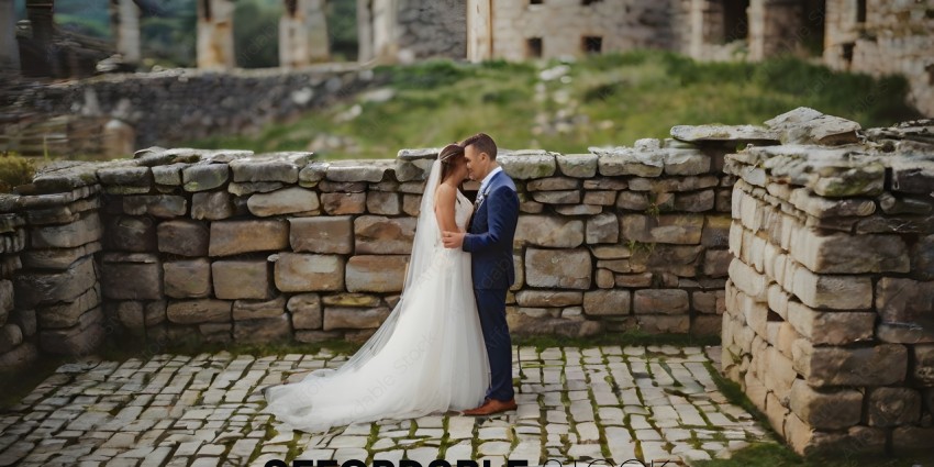 A Bride and Groom Kissing in a Stone Wall Enclosure