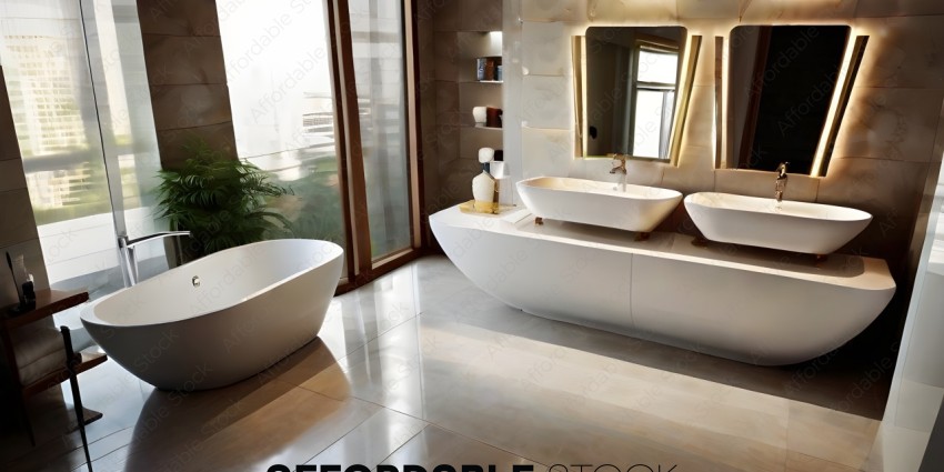 A large bathroom with a large bathtub and a large mirror