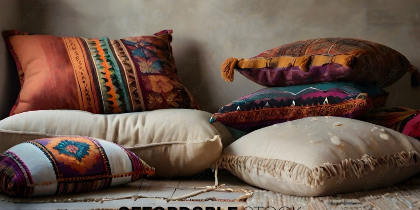 A variety of colorful pillows on a wooden floor