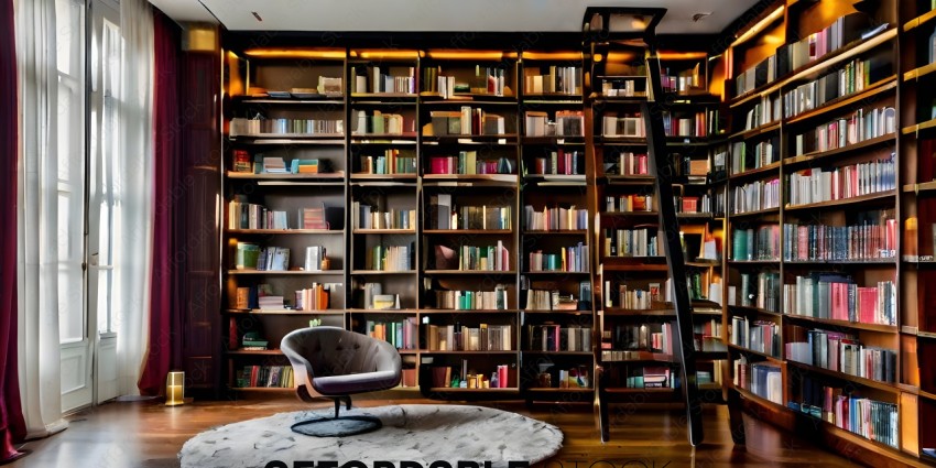 A bookshelf with a chair in front of it