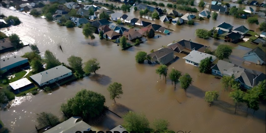 Flooded neighborhood with houses and trees