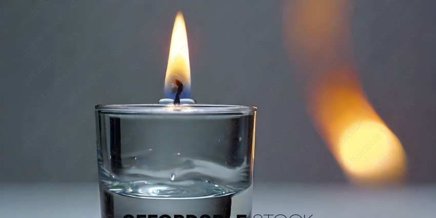 A candle with a blue flame in a glass container