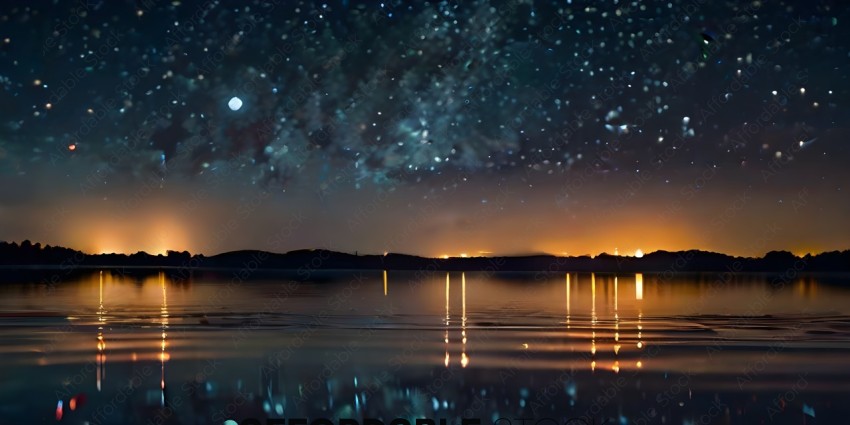 A nighttime view of a body of water with stars and a city in the background