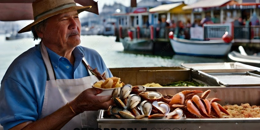 A man holding a tray of seafood