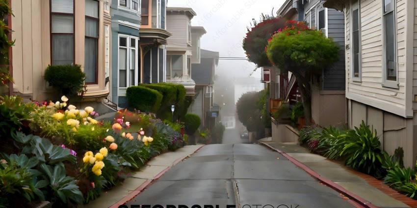 A foggy street with houses and flowers