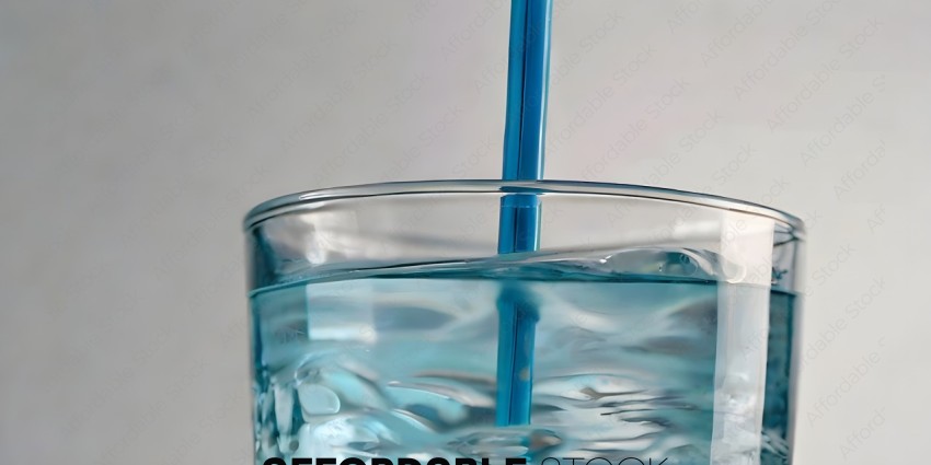 A glass of water with a blue straw