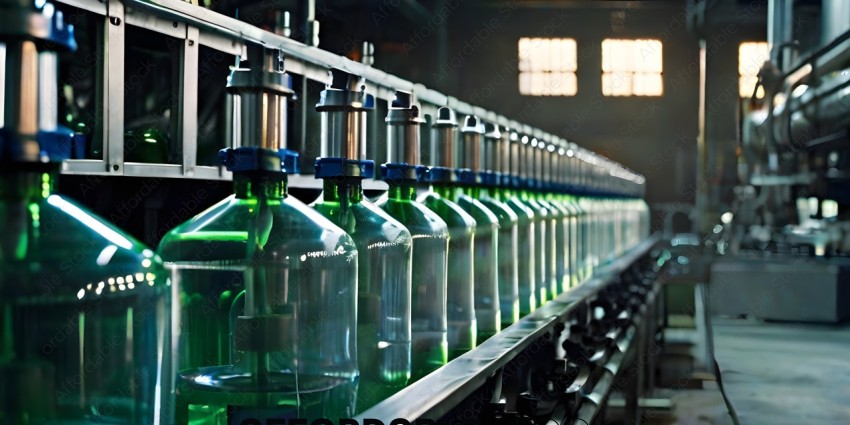 Bottles of a green liquid on a conveyor belt