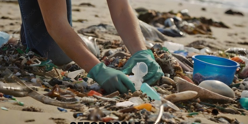 A person wearing a green glove picks up a plastic bottle from a pile of trash