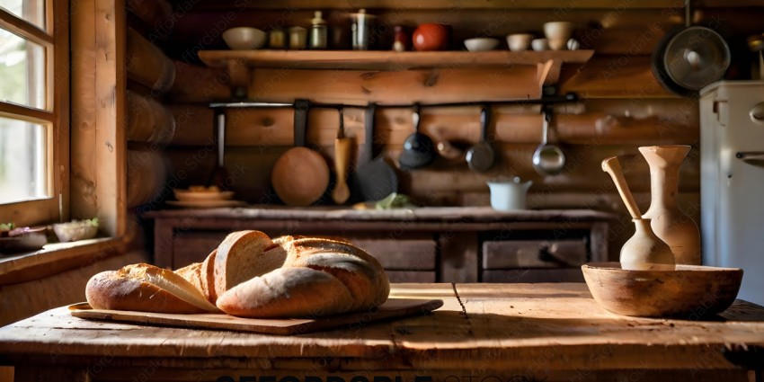 A loaf of bread sits on a wooden cutting board in a kitchen