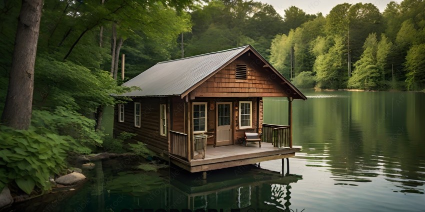 A small wooden cabin on the water