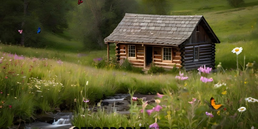 A small wooden cabin in the wilderness with a stream running by