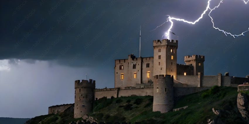 A castle with a lightening bolt in the sky