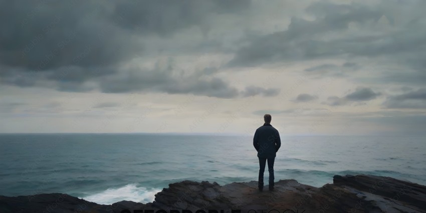 A man standing on a rock overlooking the ocean