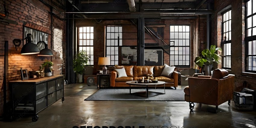 A large brown leather couch in a room with a brick wall