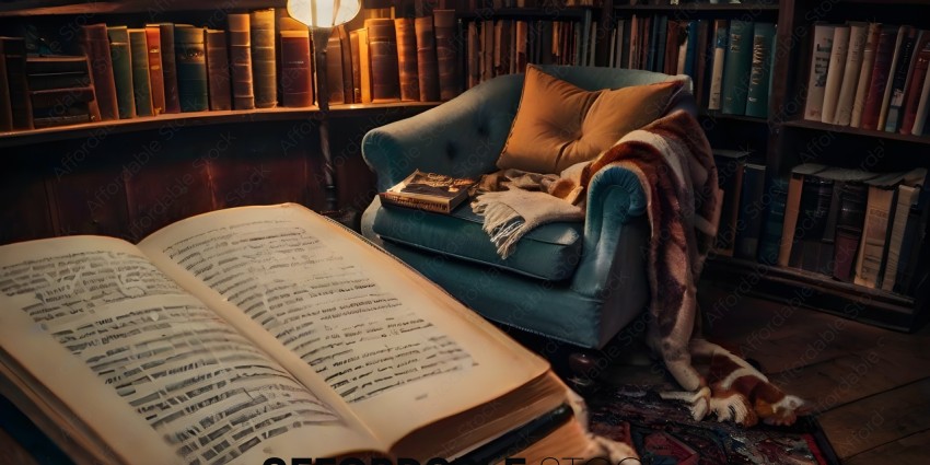 A blue chair with a book and a blanket on it