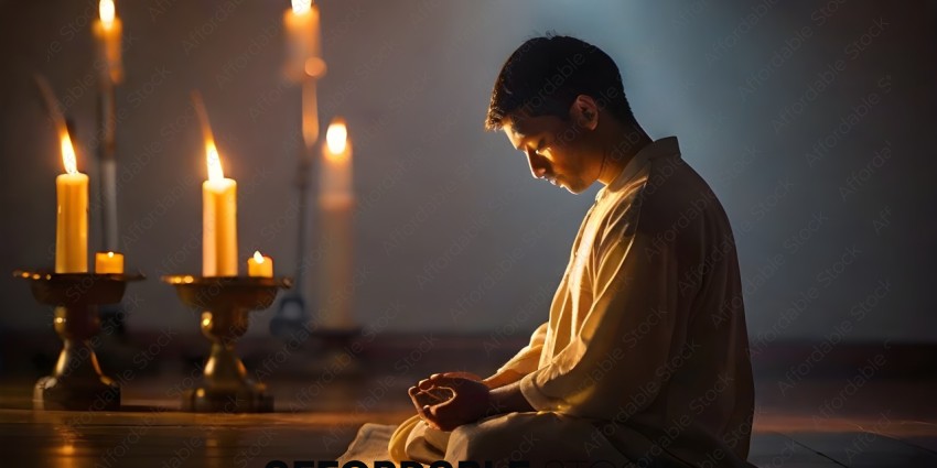A man in a robe sitting in front of a candle