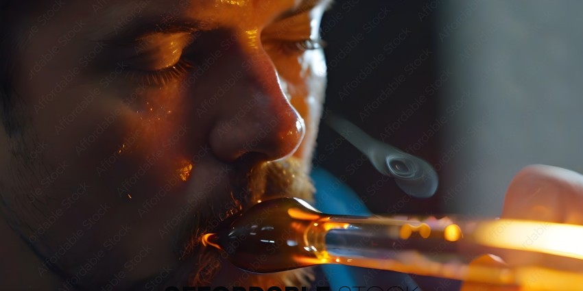 A man blowing a glass tube with a yellow liquid in it