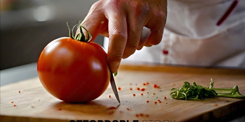 A person cutting a tomato with a knife