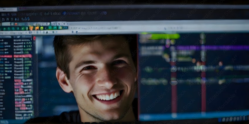 A man smiling at the camera while looking at a computer screen