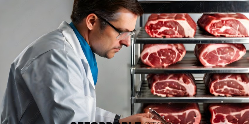 A man in a lab coat examines a piece of meat