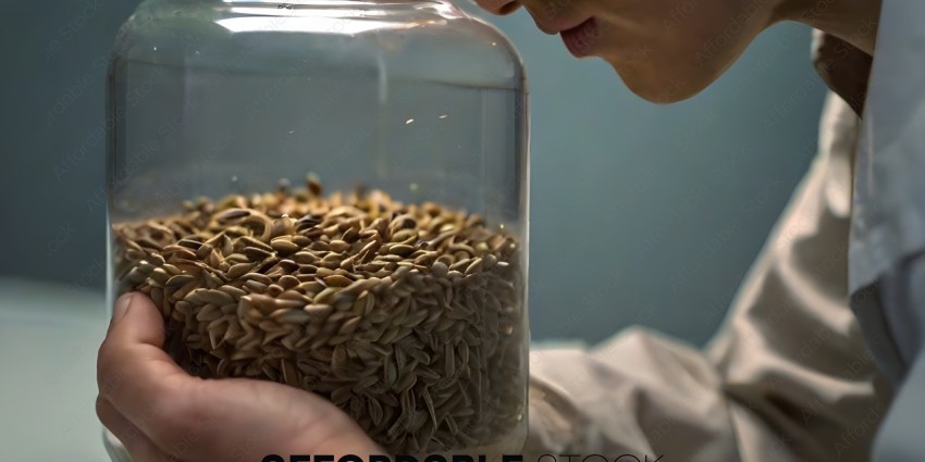 A person holding a jar of grain